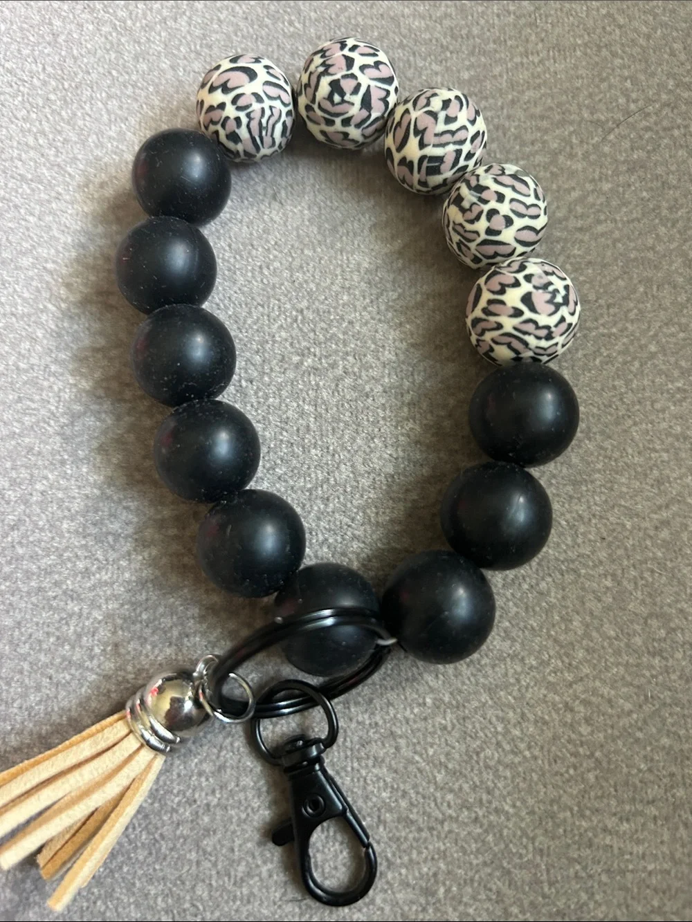 Black Beaded Wrist Keychain with Leopard Accent and Tassel